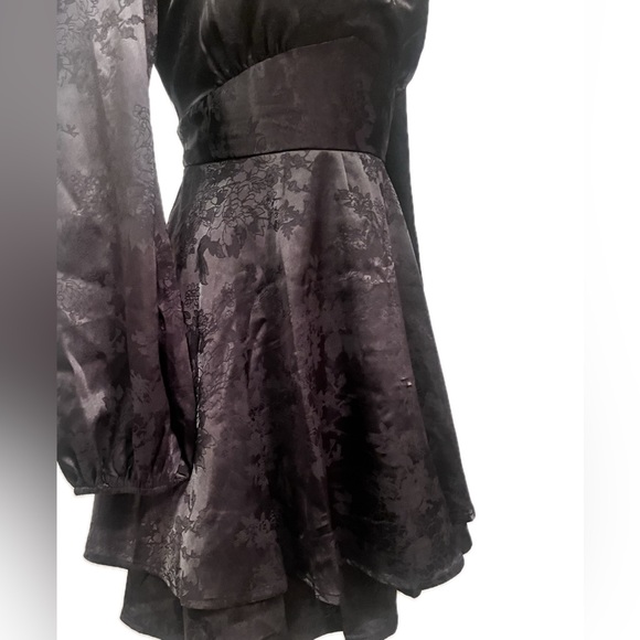 SOLD - Allison & Kelly Gothic Black Brocade Silky Backless Ruffle Mini Dress - Picture 7 of 8